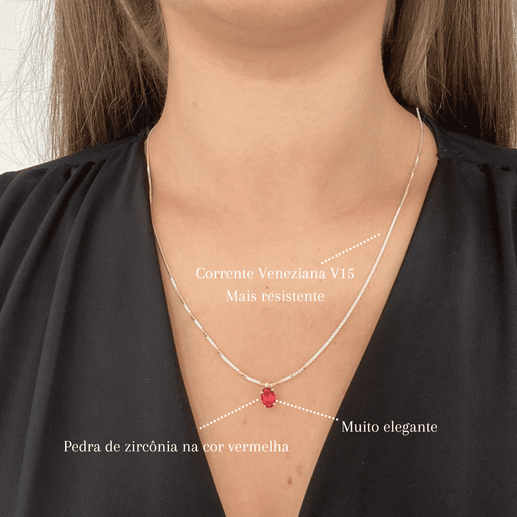 Colar de Prata Ponto de Luz Oval Vermelho